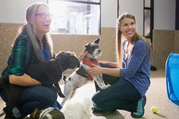 Two women smiling and playing with dogs - Improve Company Culture in Pet Care Business