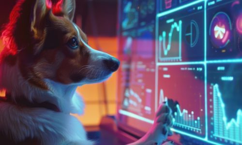 Dogs analyzing marketing strategies on holographic screens, optimizing every campaign in a neon room