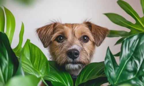 A border terrier peeks through lush, eco friendly office plants, showcasing playful and curious expression
